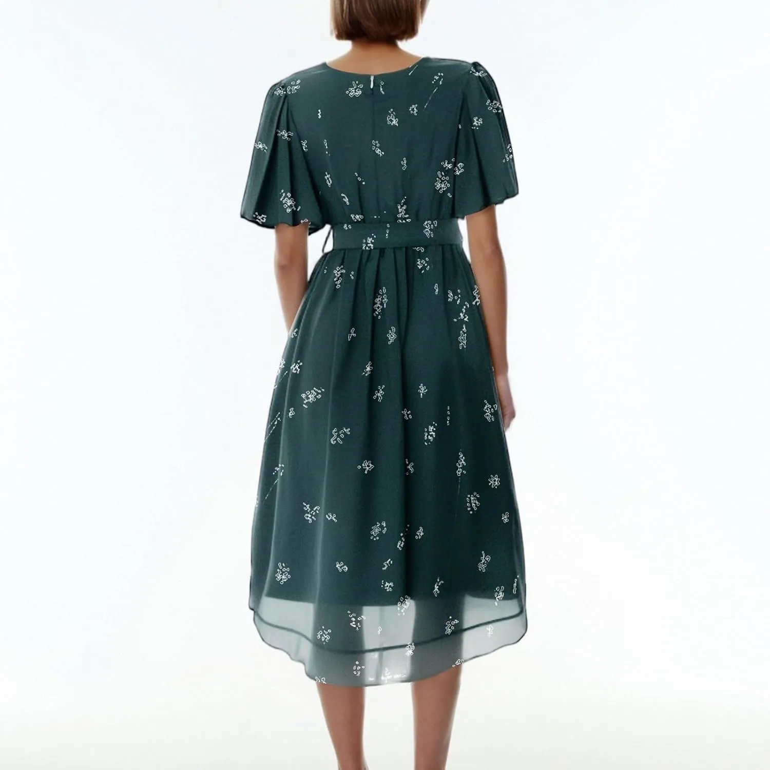 Summer Floral Chiffon Dresses for Women 2025 Midi Trendy Flowy Swing Tie Elastic Waist Short Sleeve V Neck A Line Dress