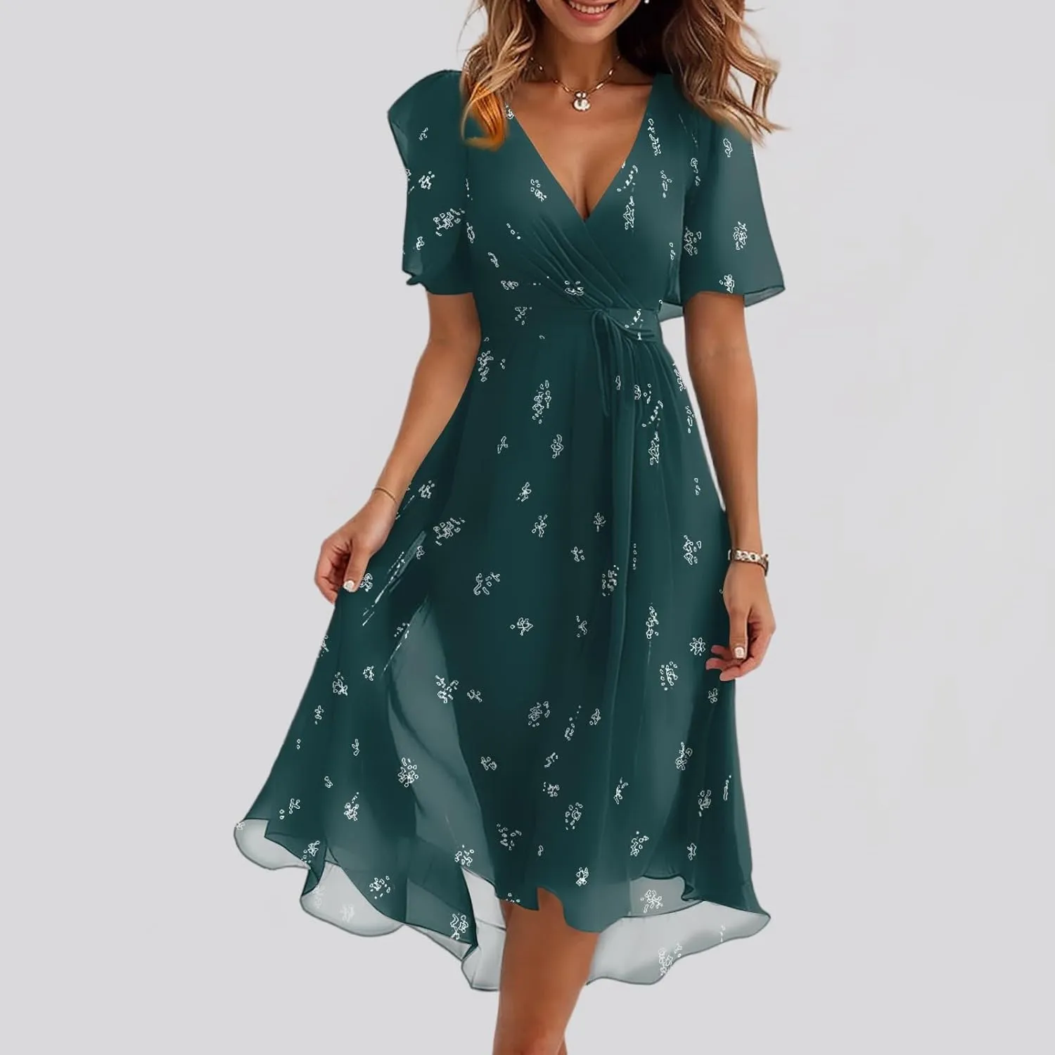 Summer Floral Chiffon Dresses for Women 2025 Midi Trendy Flowy Swing Tie Elastic Waist Short Sleeve V Neck A Line Dress