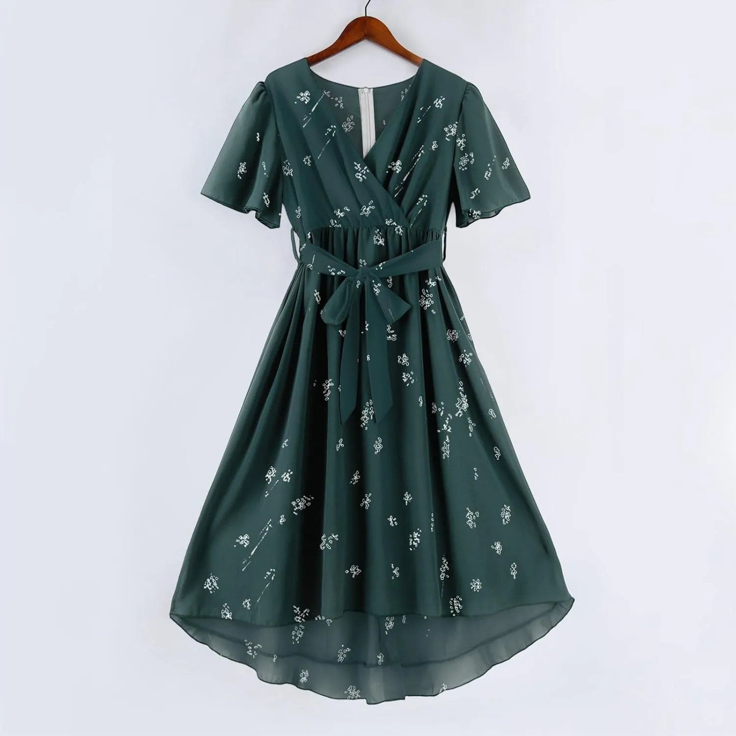 Summer Floral Chiffon Dresses for Women 2025 Midi Trendy Flowy Swing Tie Elastic Waist Short Sleeve V Neck A Line Dress