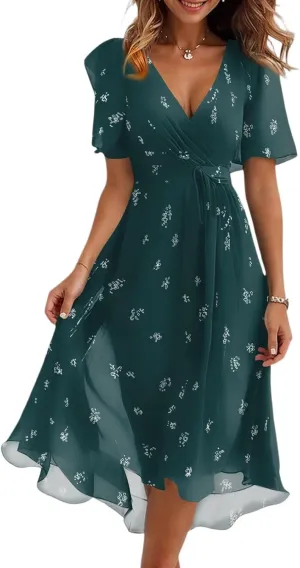 Summer Floral Chiffon Dresses for Women 2025 Midi Trendy Flowy Swing Tie Elastic Waist Short Sleeve V Neck A Line Dress
