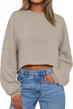 Trendy Queen Cropped Sweatshirts for Women Oversized Crewneck Sweaters Long Sleeve Tops Fall Winter Clothes 2025