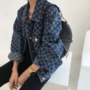 Vintage Loose Print Blue Denim Jacket
