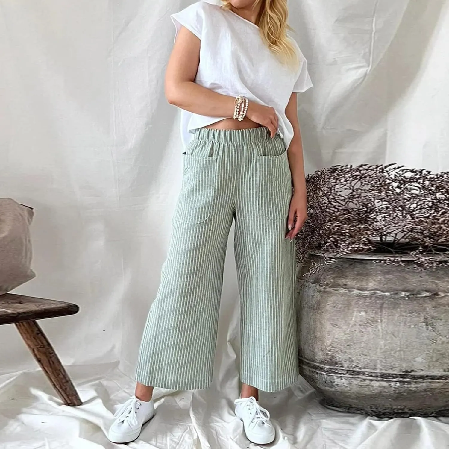 White Linen Pants Women Plus Size Women's Casual Cotton Linen Baggy Pants with Elastic Waist Relax Fit Lantern Trouser