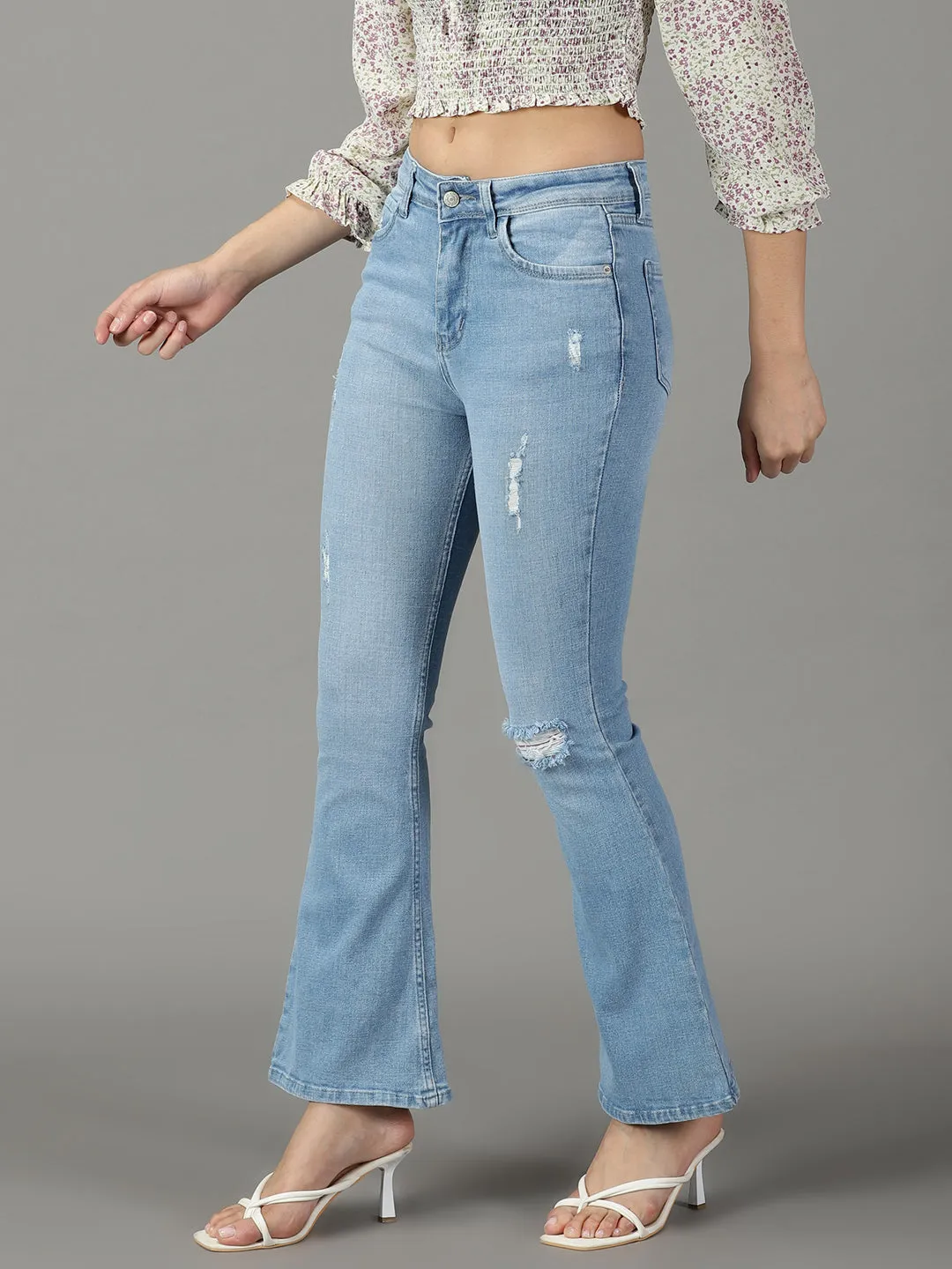Women Blue Bootcut High-Rise Mildly Distressed Light Fade Cotton Stretchable Jeans