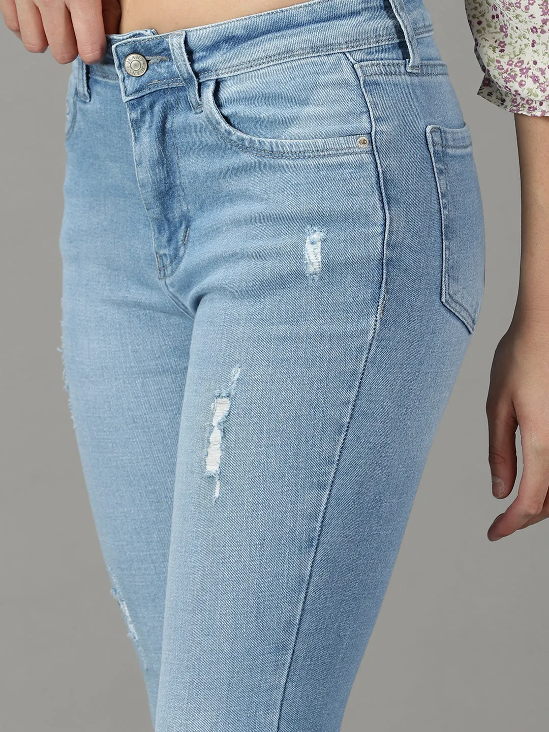 Women Blue Bootcut High-Rise Mildly Distressed Light Fade Cotton Stretchable Jeans