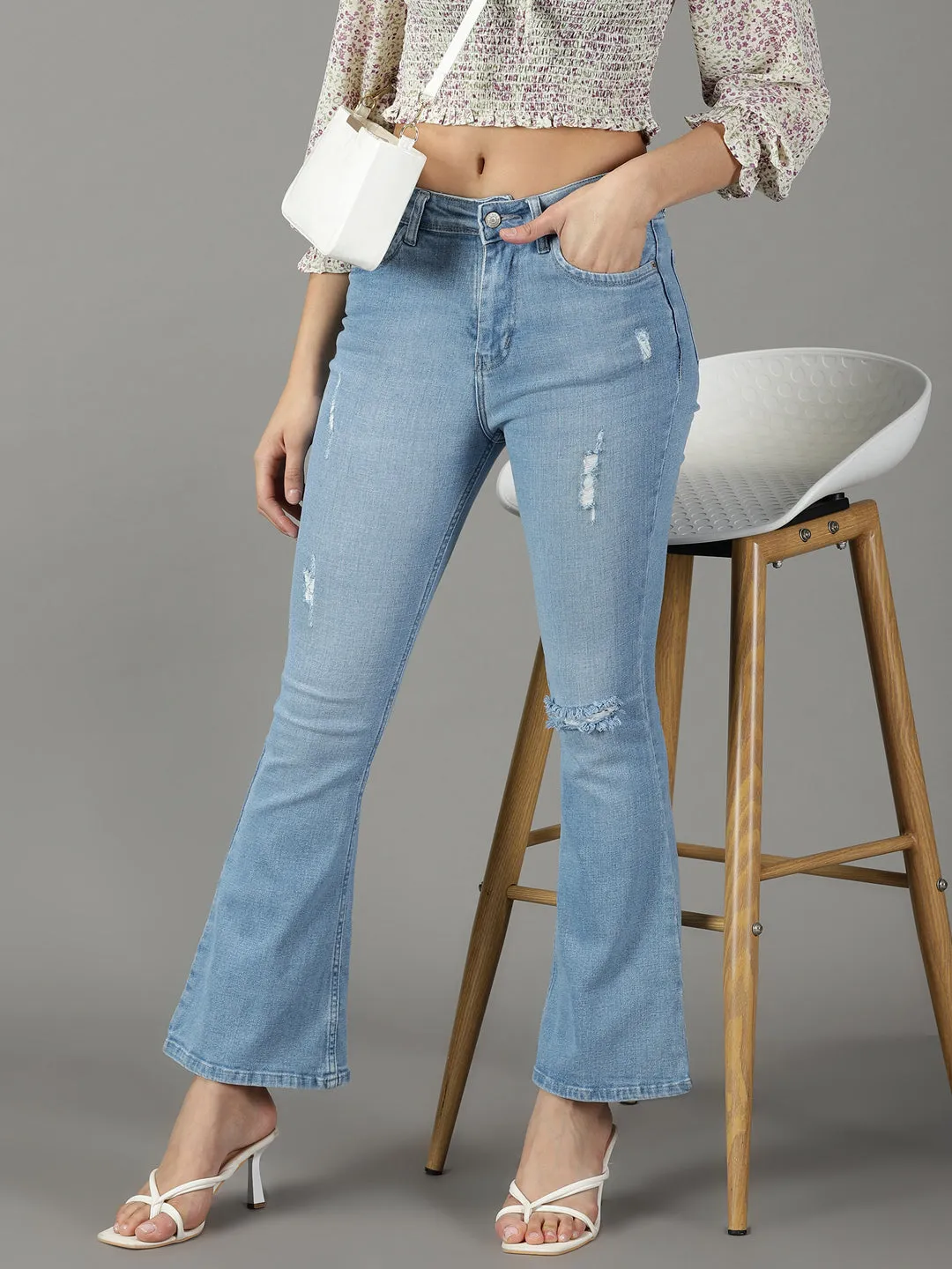 Women Blue Bootcut High-Rise Mildly Distressed Light Fade Cotton Stretchable Jeans