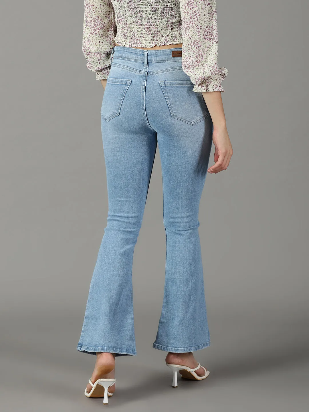Women Blue Bootcut High-Rise Mildly Distressed Light Fade Cotton Stretchable Jeans