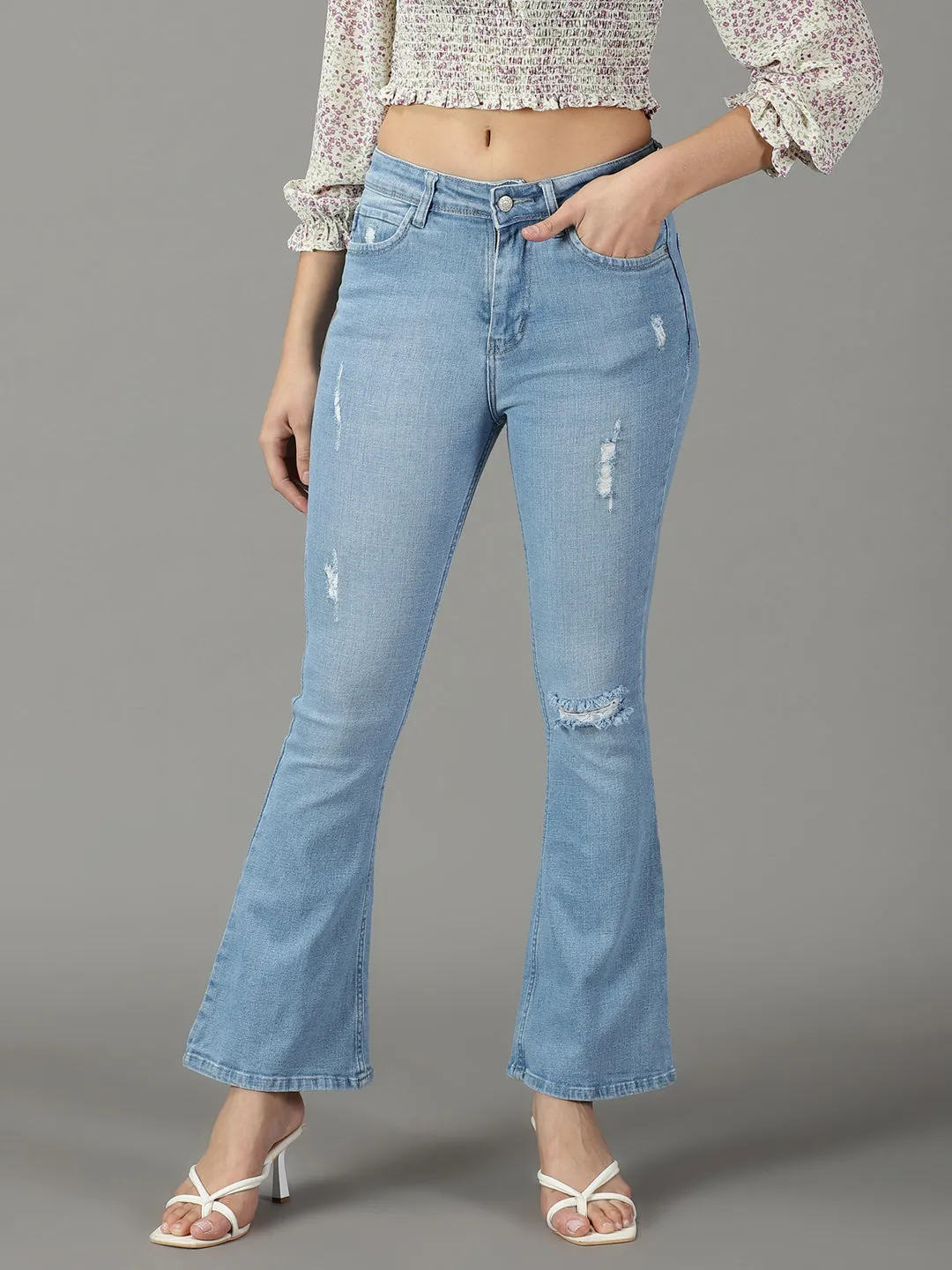 Women Blue Bootcut High-Rise Mildly Distressed Light Fade Cotton Stretchable Jeans