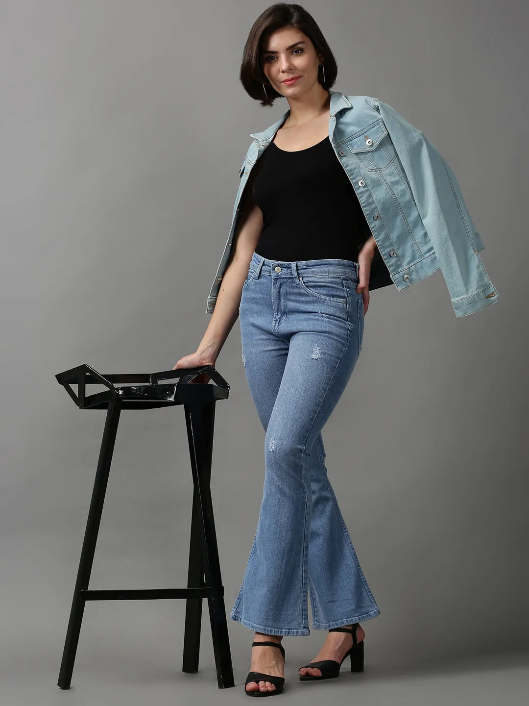 Women Blue Bootcut Low Distress Light Fade Stretchable Denim Jeans