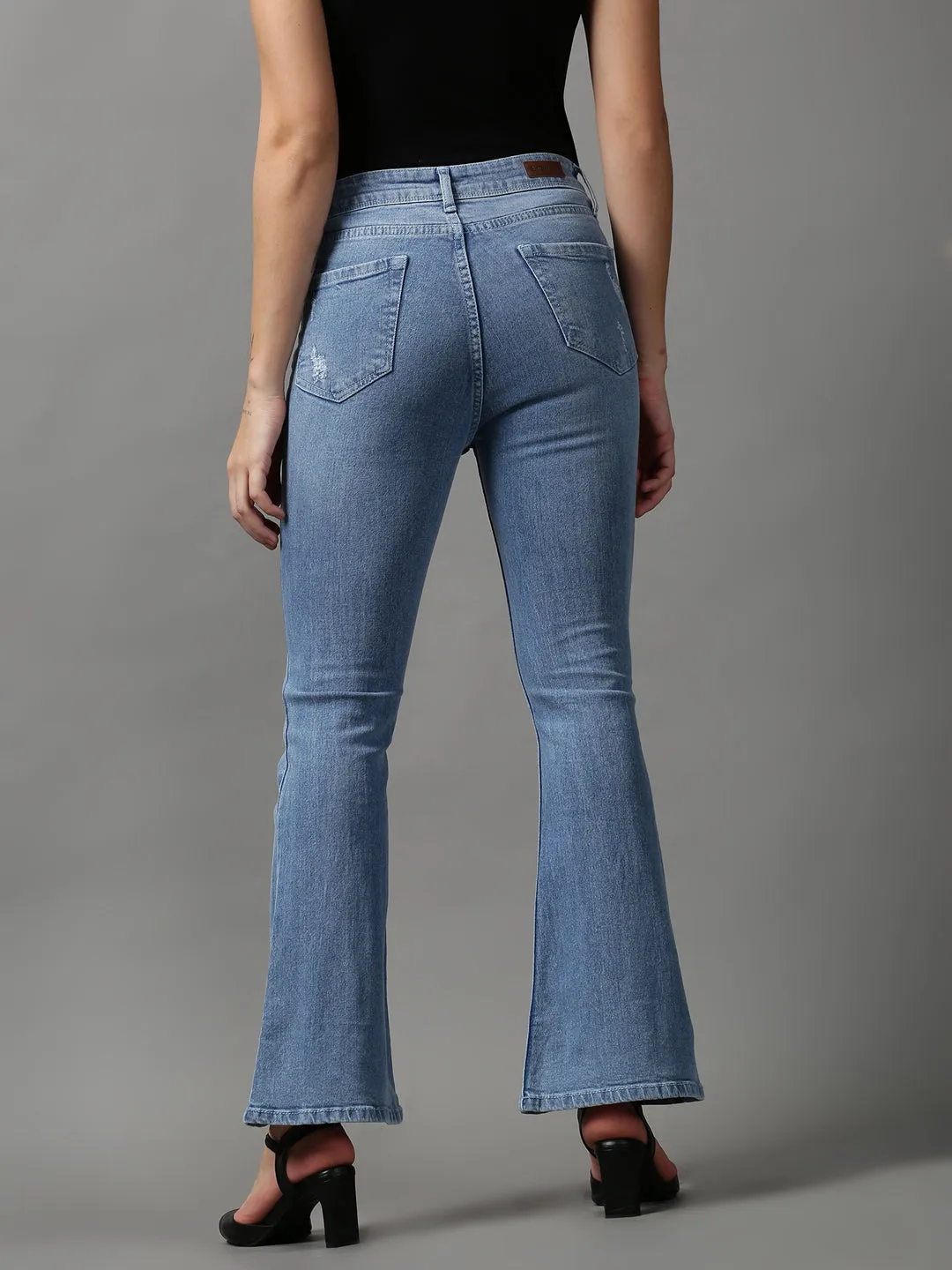 Women Blue Bootcut Low Distress Light Fade Stretchable Denim Jeans