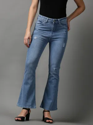 Women Blue Bootcut Low Distress Light Fade Stretchable Denim Jeans