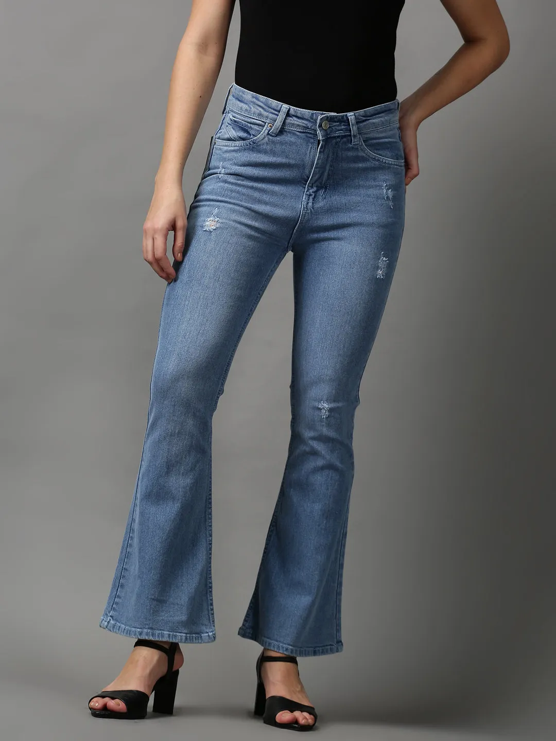Women Blue Bootcut Low Distress Light Fade Stretchable Denim Jeans