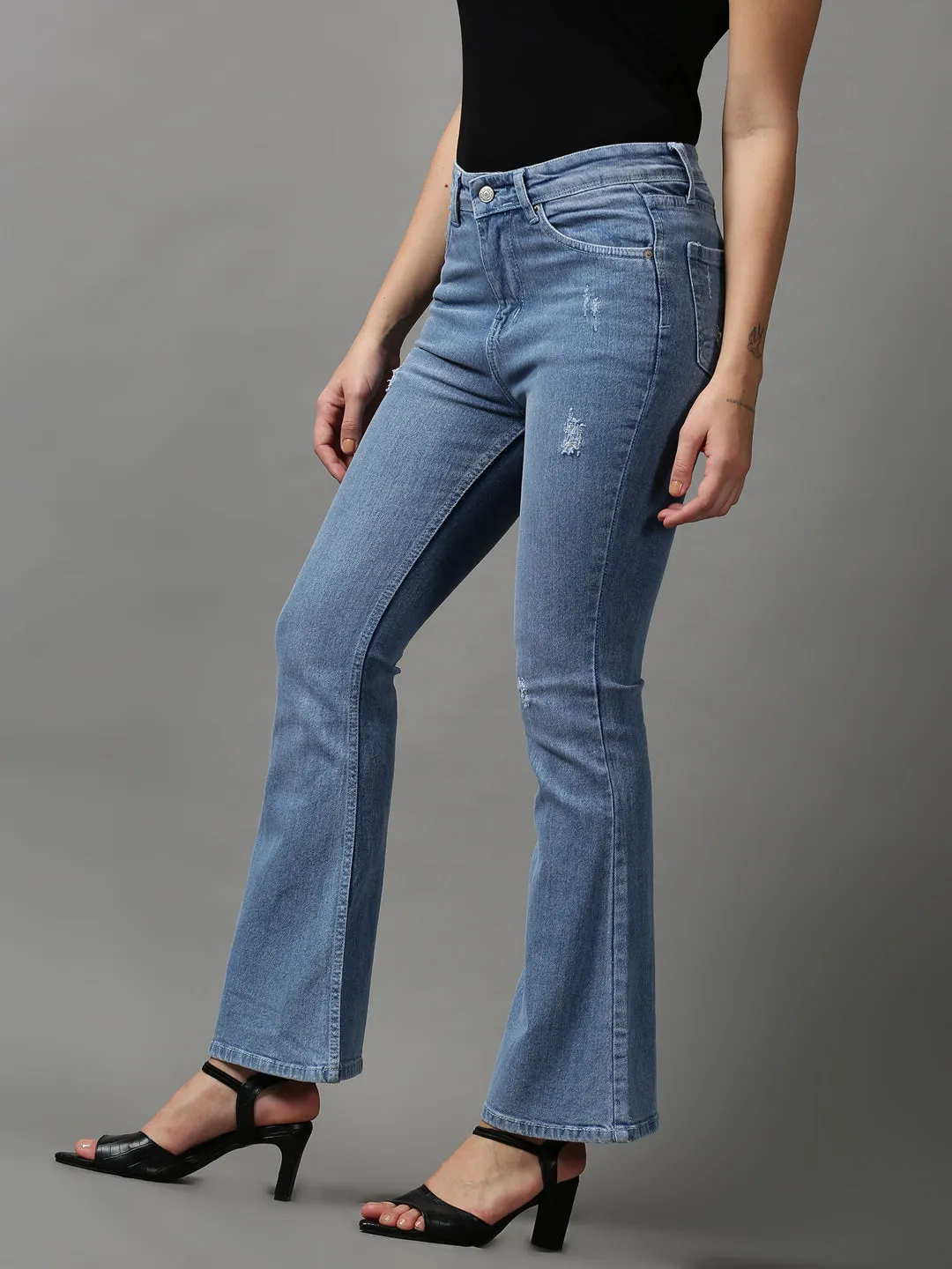 Women Blue Bootcut Low Distress Light Fade Stretchable Denim Jeans