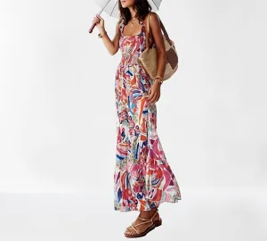 Women Boho Floral Print Sleeveless Maxi Dress Summer Casual Spaghetti Strap Smocked Ruffle Square Neck Beach Sundress