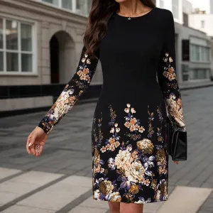 Women Casual Long Sleeve Dress Vintage Boho Floral Print Midi Dress Fall Flower Crewneck Flowy Beach Swing Dresses