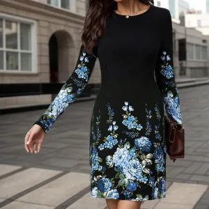 Women Casual Long Sleeve Dress Vintage Boho Floral Print Midi Dress Fall Flower Crewneck Flowy Beach Swing Dresses