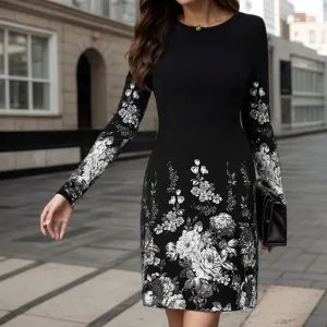 Women Casual Long Sleeve Dress Vintage Boho Floral Print Midi Dress Fall Flower Crewneck Flowy Beach Swing Dresses