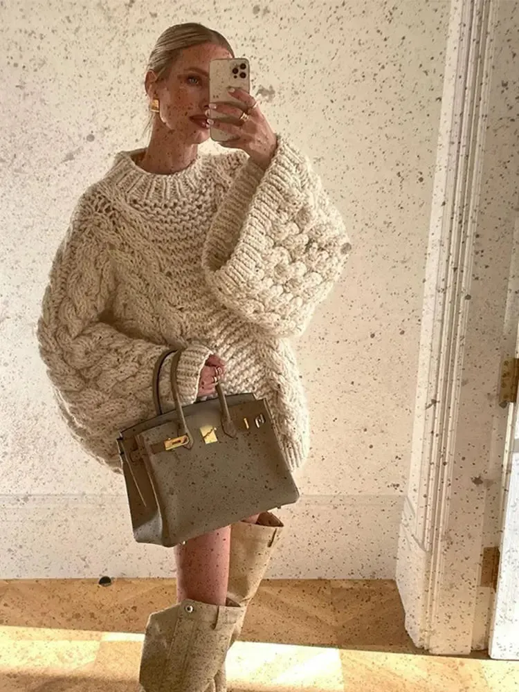 Women Overtised Loose Solid Long Sleeve Knit Cardigan Elegant O Neck Short Sweaters Autumn Lady High Streetwear