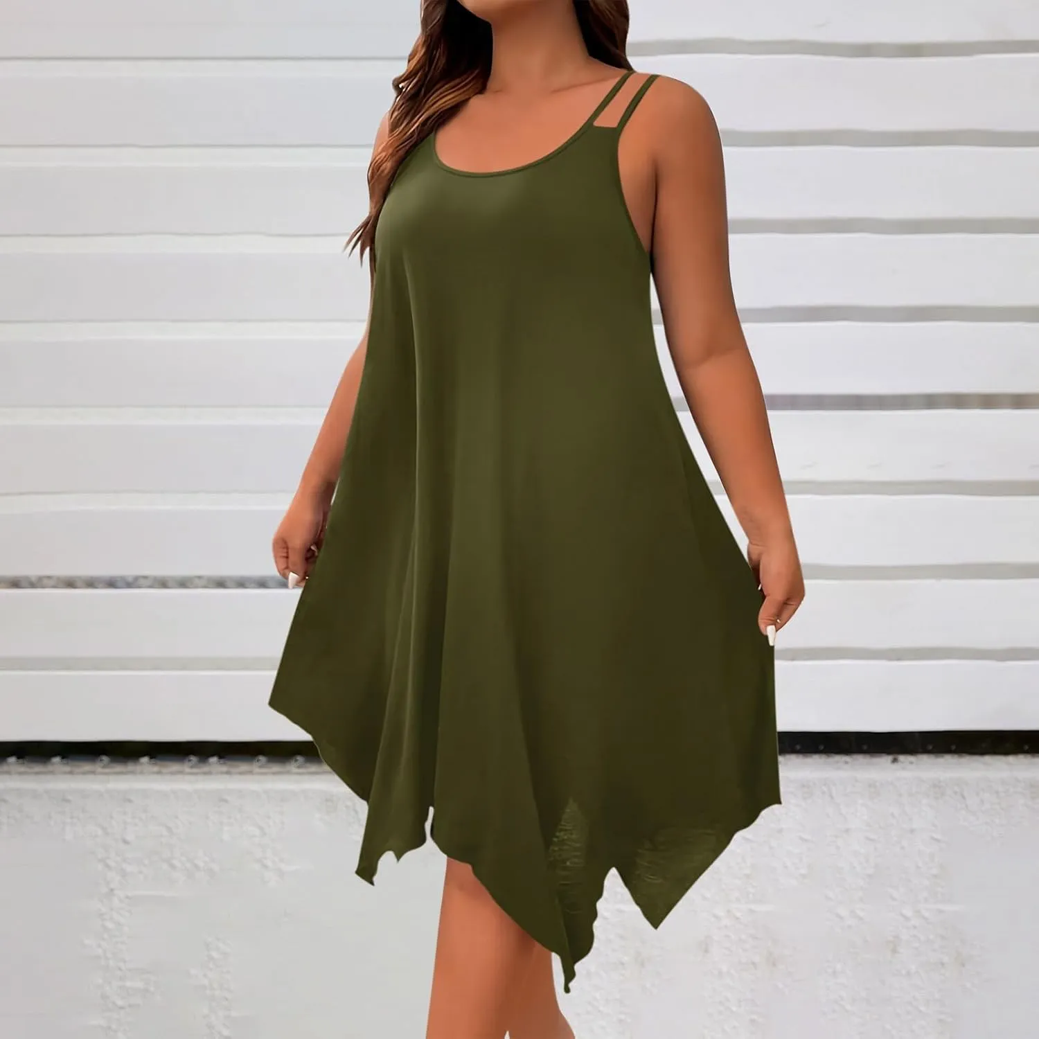Women Plus Size Midi Dresses Trendy Irregular Hem Sleeveless Crewneck Loose Comfy Tank Dress Summer Beach Sundress