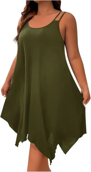 Women Plus Size Midi Dresses Trendy Irregular Hem Sleeveless Crewneck Loose Comfy Tank Dress Summer Beach Sundress