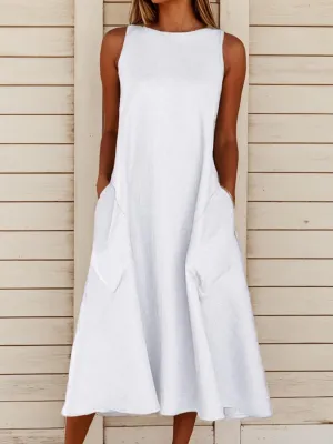 Women Summer Linen Sun Dress Casual Sleeveless Crewneck Flowy Shift Maxi Dress Loose Beach Dresses with Pocket