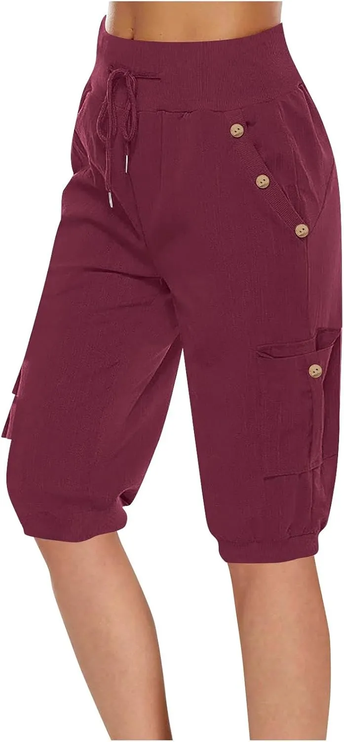 Womens Cotton Linen Capri Pants,High Waist 3/4 Length Cropped Trousers Summer Casual Bottoms Button Capris with Pockets