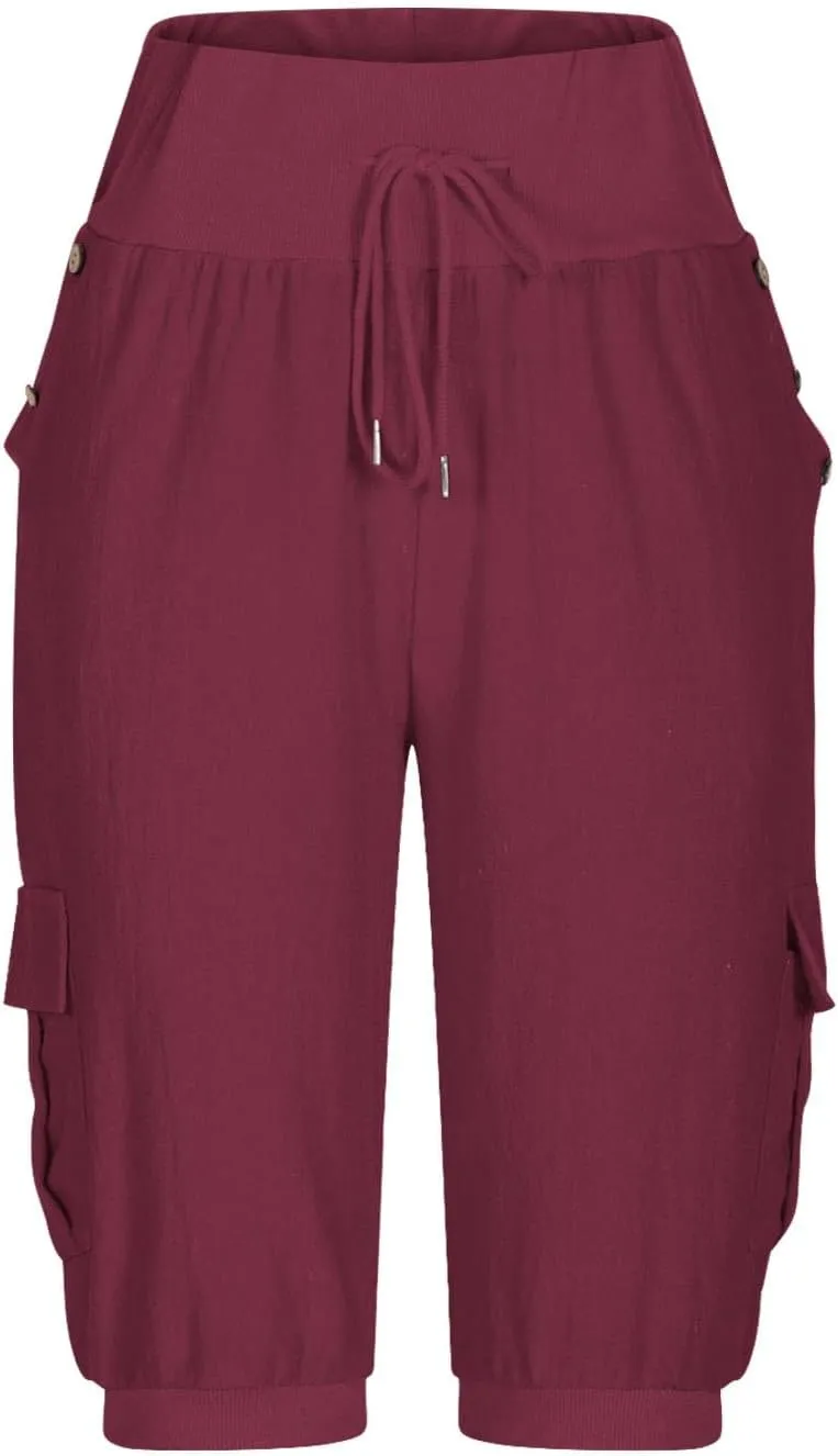 Womens Cotton Linen Capri Pants,High Waist 3/4 Length Cropped Trousers Summer Casual Bottoms Button Capris with Pockets