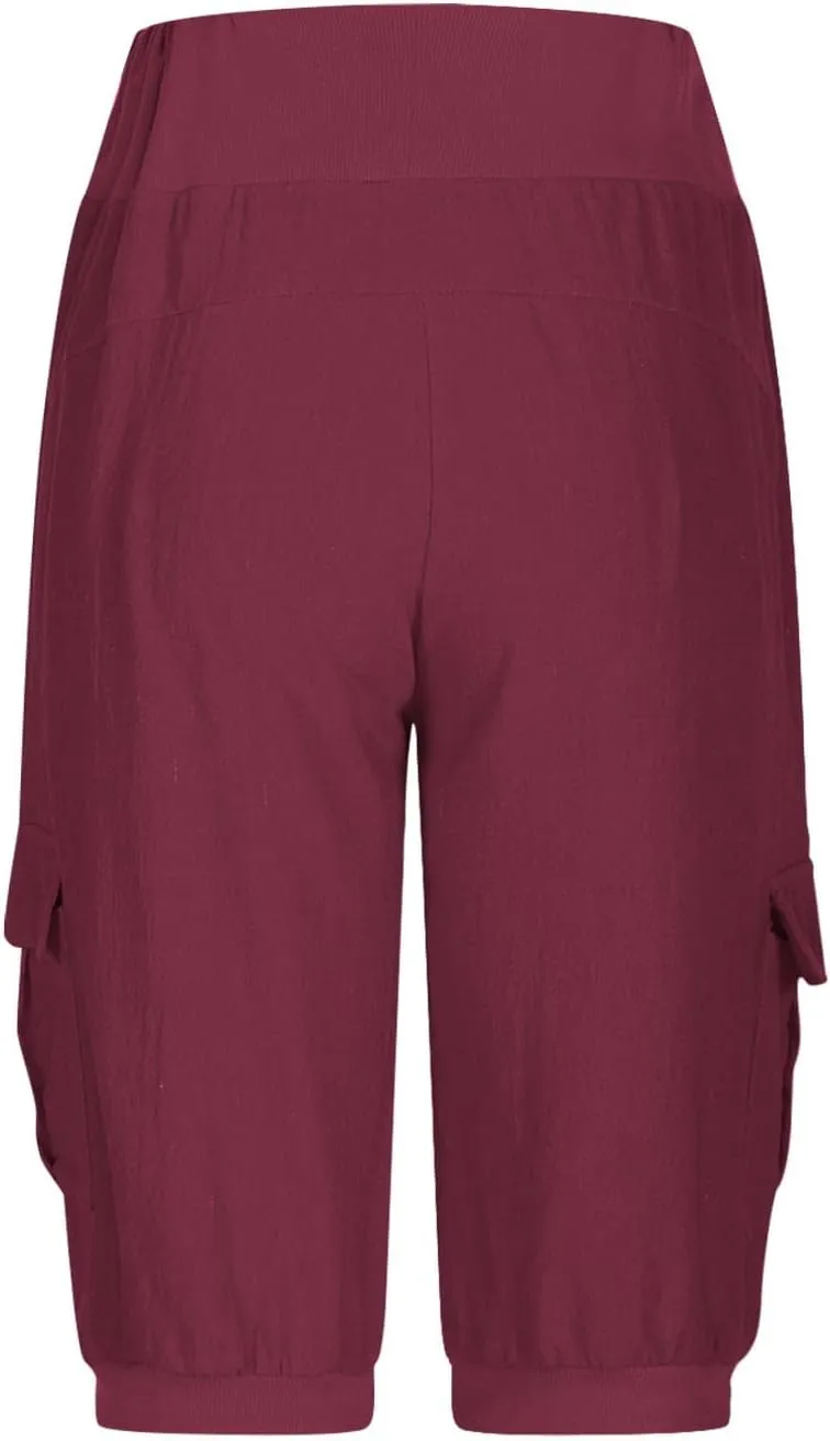 Womens Cotton Linen Capri Pants,High Waist 3/4 Length Cropped Trousers Summer Casual Bottoms Button Capris with Pockets
