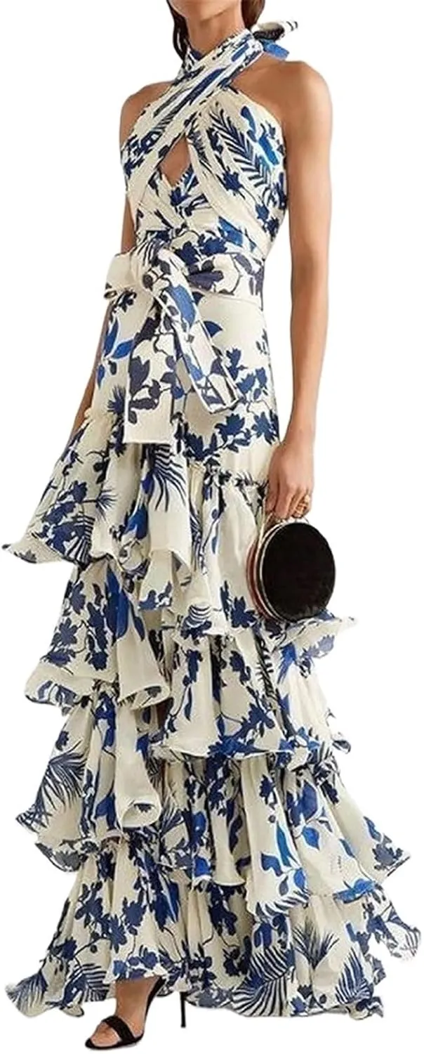 Women's Criss Cross Halter Neck Sleeveless Summer Floral Print Flowy a Line Maxi Dress(Medium), Blue