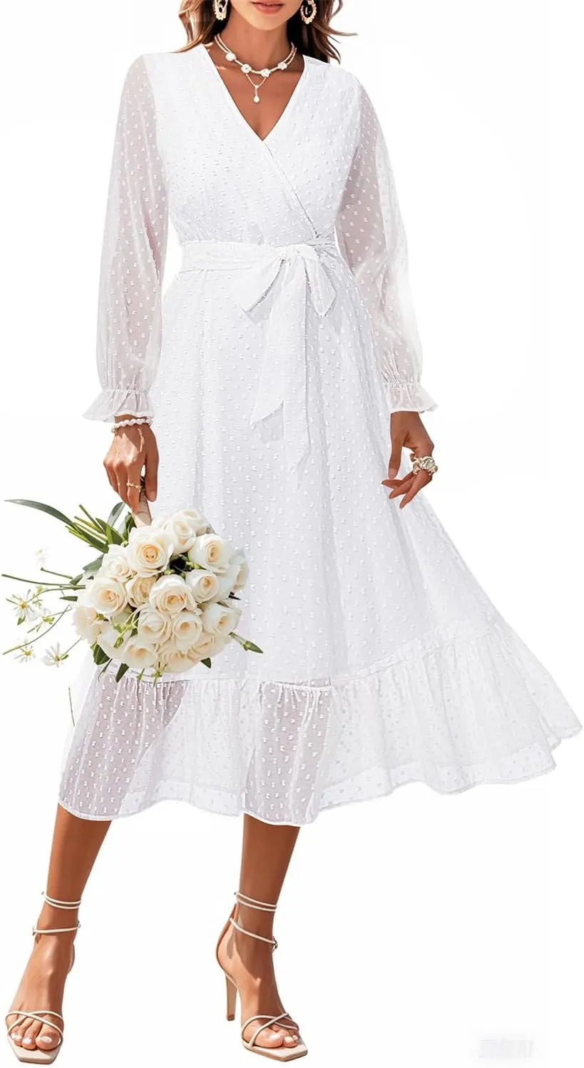 Women's Fall Long Sleeve Spring Dress Wrap V Neck Swiss Dot Casual A-Line Midi Dresses with Belt
