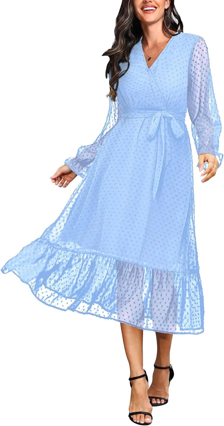 Women's Fall Long Sleeve Spring Dress Wrap V Neck Swiss Dot Casual A-Line Midi Dresses with Belt
