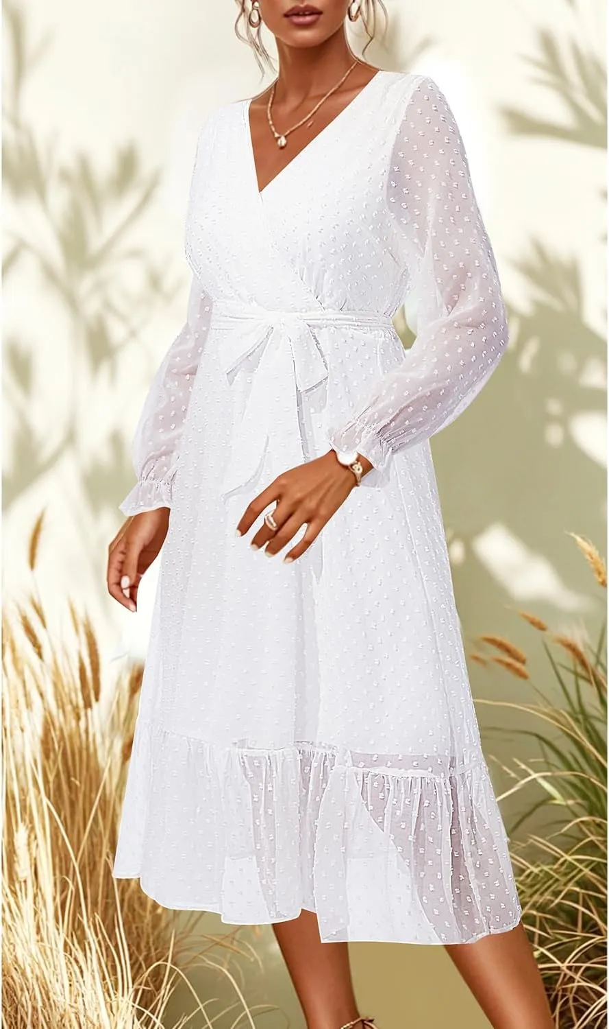Women's Fall Long Sleeve Spring Dress Wrap V Neck Swiss Dot Casual A-Line Midi Dresses with Belt