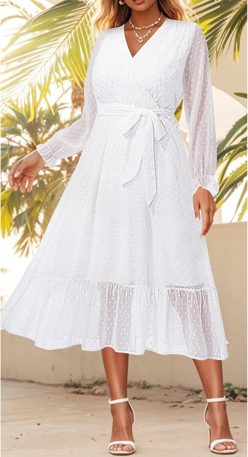 Women's Fall Long Sleeve Spring Dress Wrap V Neck Swiss Dot Casual A-Line Midi Dresses with Belt