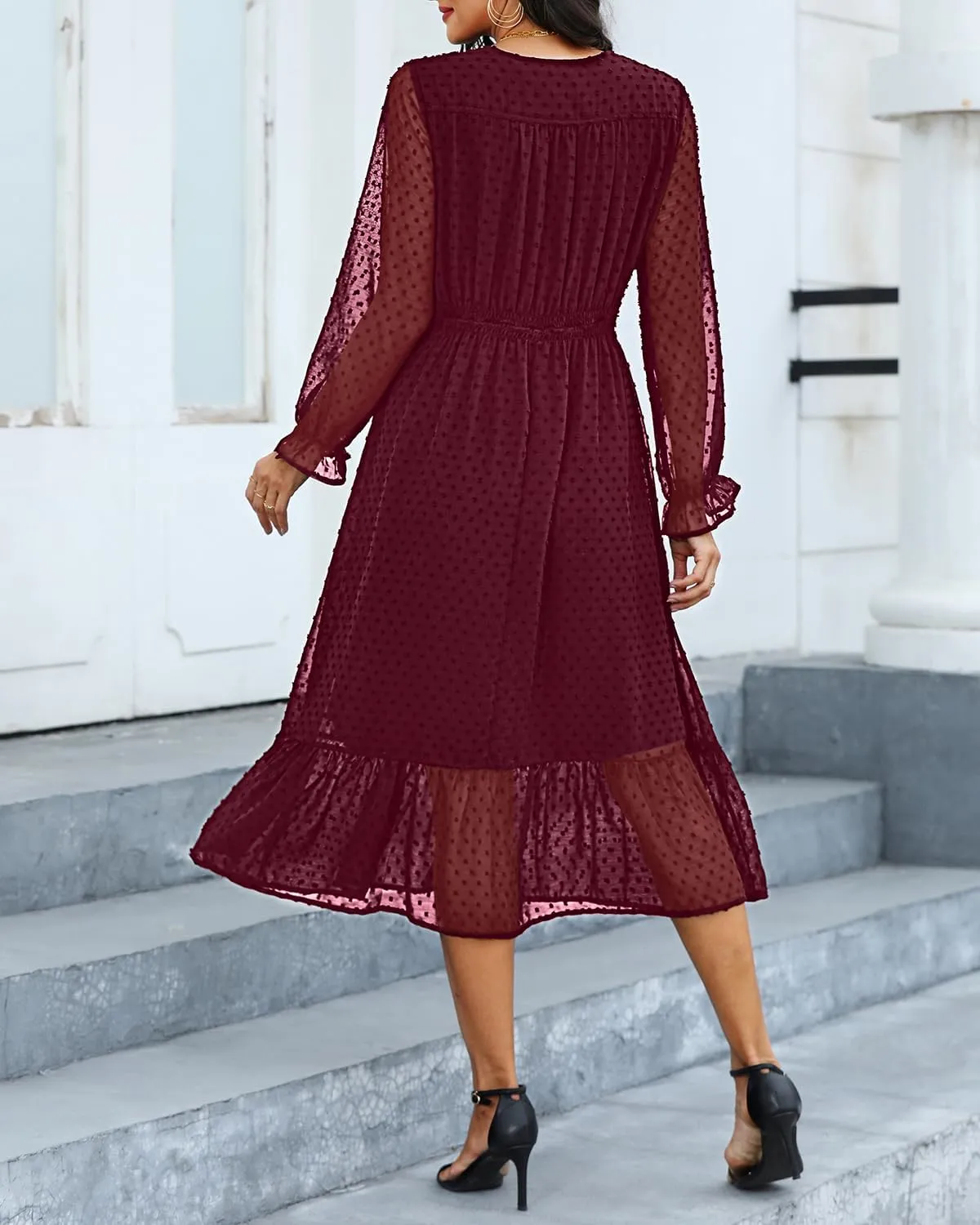 Women's Fall Long Sleeve Spring Dress Wrap V Neck Swiss Dot Casual A-Line Midi Dresses with Belt