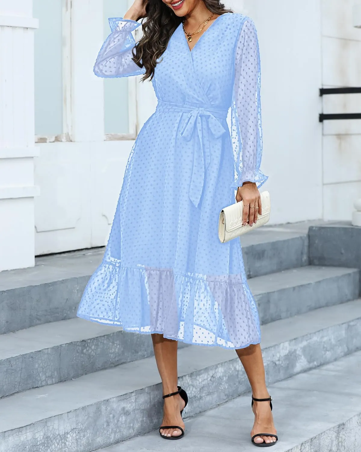 Women's Fall Long Sleeve Spring Dress Wrap V Neck Swiss Dot Casual A-Line Midi Dresses with Belt