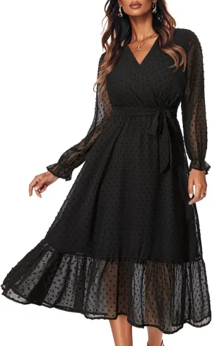 Women's Fall Long Sleeve Spring Dress Wrap V Neck Swiss Dot Casual A-Line Midi Dresses with Belt