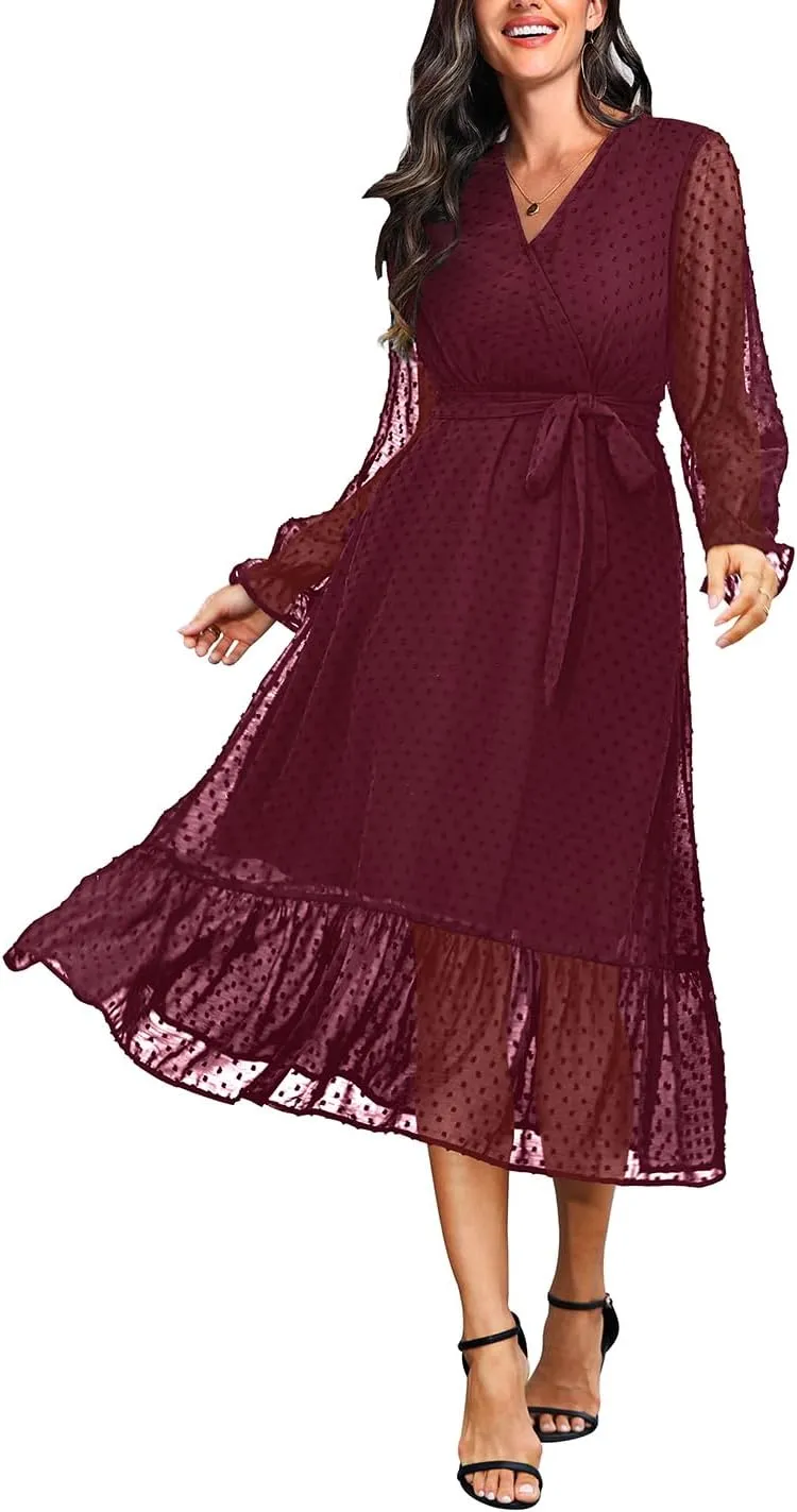 Women's Fall Long Sleeve Spring Dress Wrap V Neck Swiss Dot Casual A-Line Midi Dresses with Belt