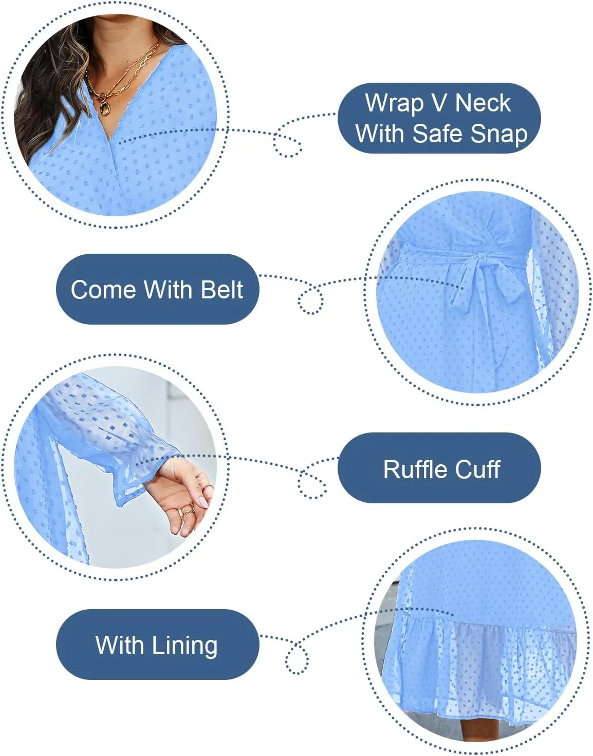 Women's Fall Long Sleeve Spring Dress Wrap V Neck Swiss Dot Casual A-Line Midi Dresses with Belt