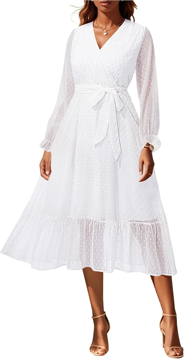 Women's Fall Long Sleeve Spring Dress Wrap V Neck Swiss Dot Casual A-Line Midi Dresses with Belt