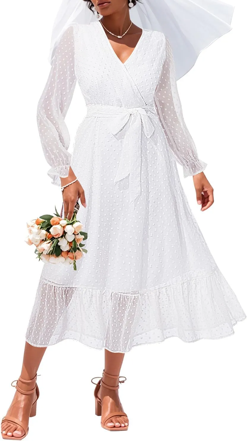 Women's Fall Long Sleeve Spring Dress Wrap V Neck Swiss Dot Casual A-Line Midi Dresses with Belt