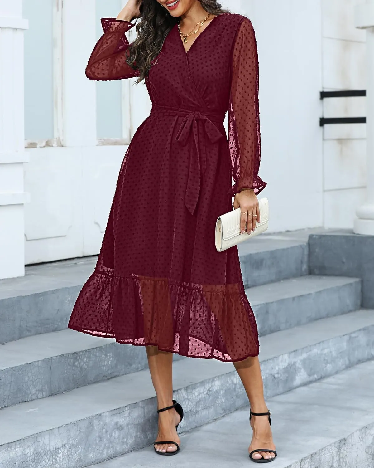 Women's Fall Long Sleeve Spring Dress Wrap V Neck Swiss Dot Casual A-Line Midi Dresses with Belt
