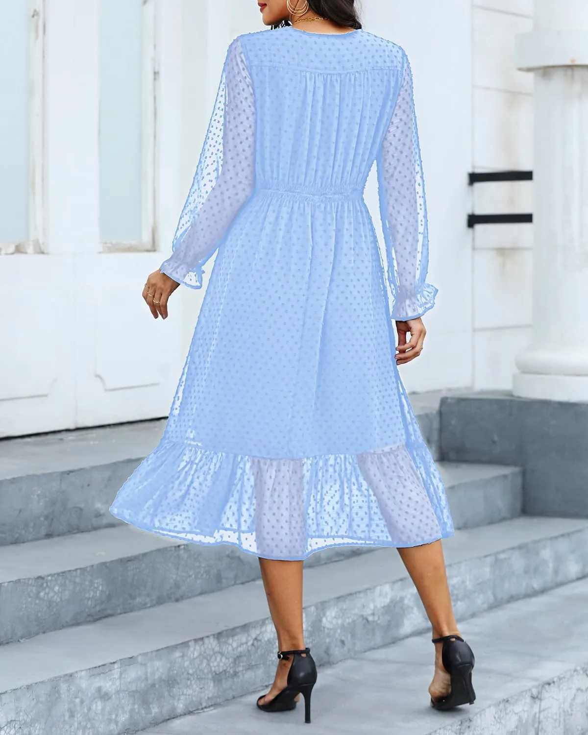 Women's Fall Long Sleeve Spring Dress Wrap V Neck Swiss Dot Casual A-Line Midi Dresses with Belt