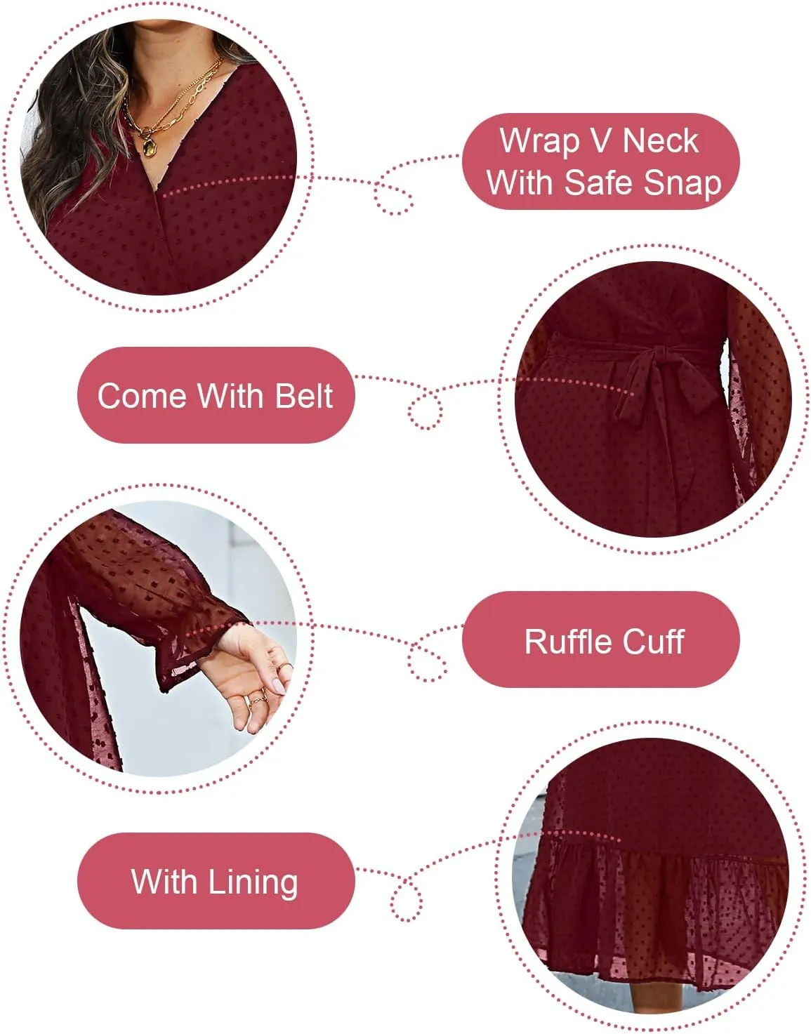 Women's Fall Long Sleeve Spring Dress Wrap V Neck Swiss Dot Casual A-Line Midi Dresses with Belt