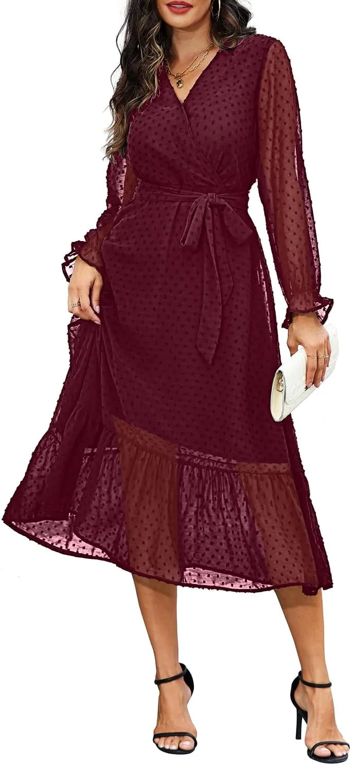 Women's Fall Long Sleeve Spring Dress Wrap V Neck Swiss Dot Casual A-Line Midi Dresses with Belt