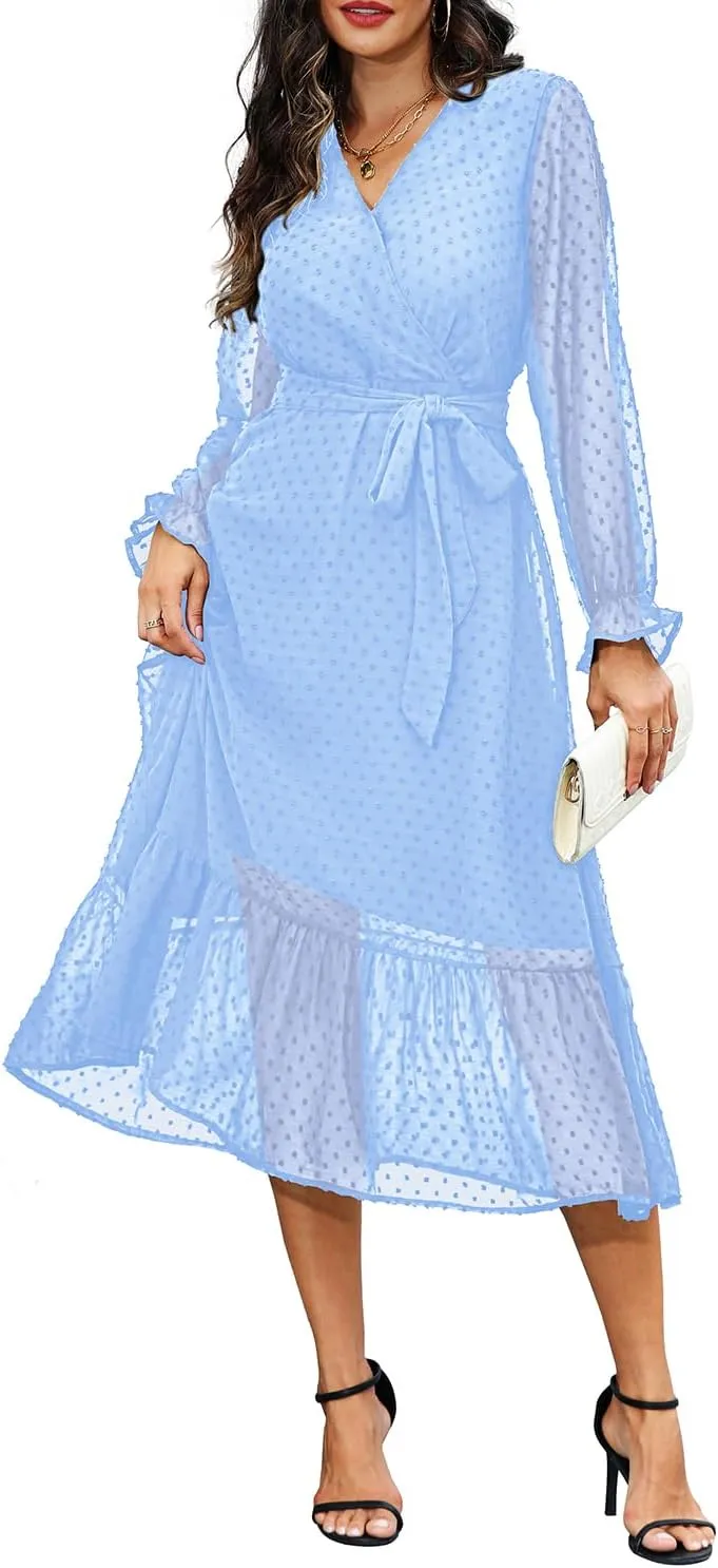 Women's Fall Long Sleeve Spring Dress Wrap V Neck Swiss Dot Casual A-Line Midi Dresses with Belt