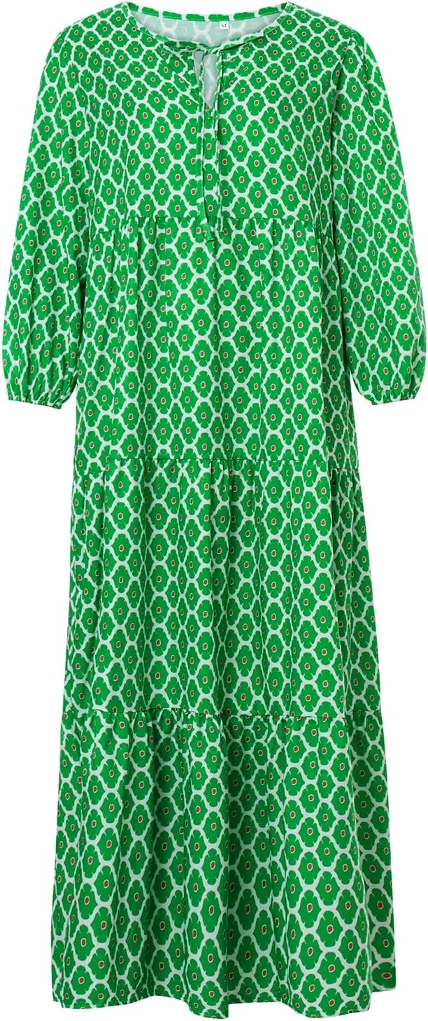 Women's Floral Puff Sleeve Maxi Dress Summer Bohemian V Neck Tiered Long Dress Casual Loose Swing Beach Sundress
