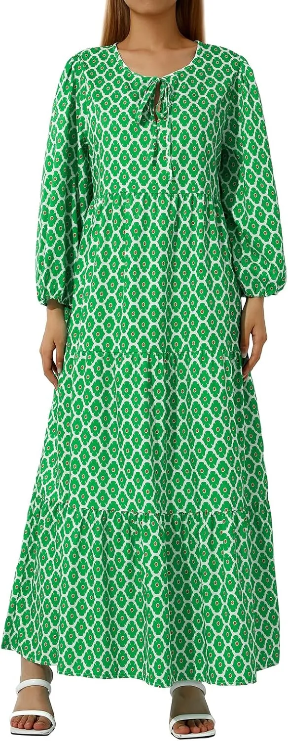 Women's Floral Puff Sleeve Maxi Dress Summer Bohemian V Neck Tiered Long Dress Casual Loose Swing Beach Sundress