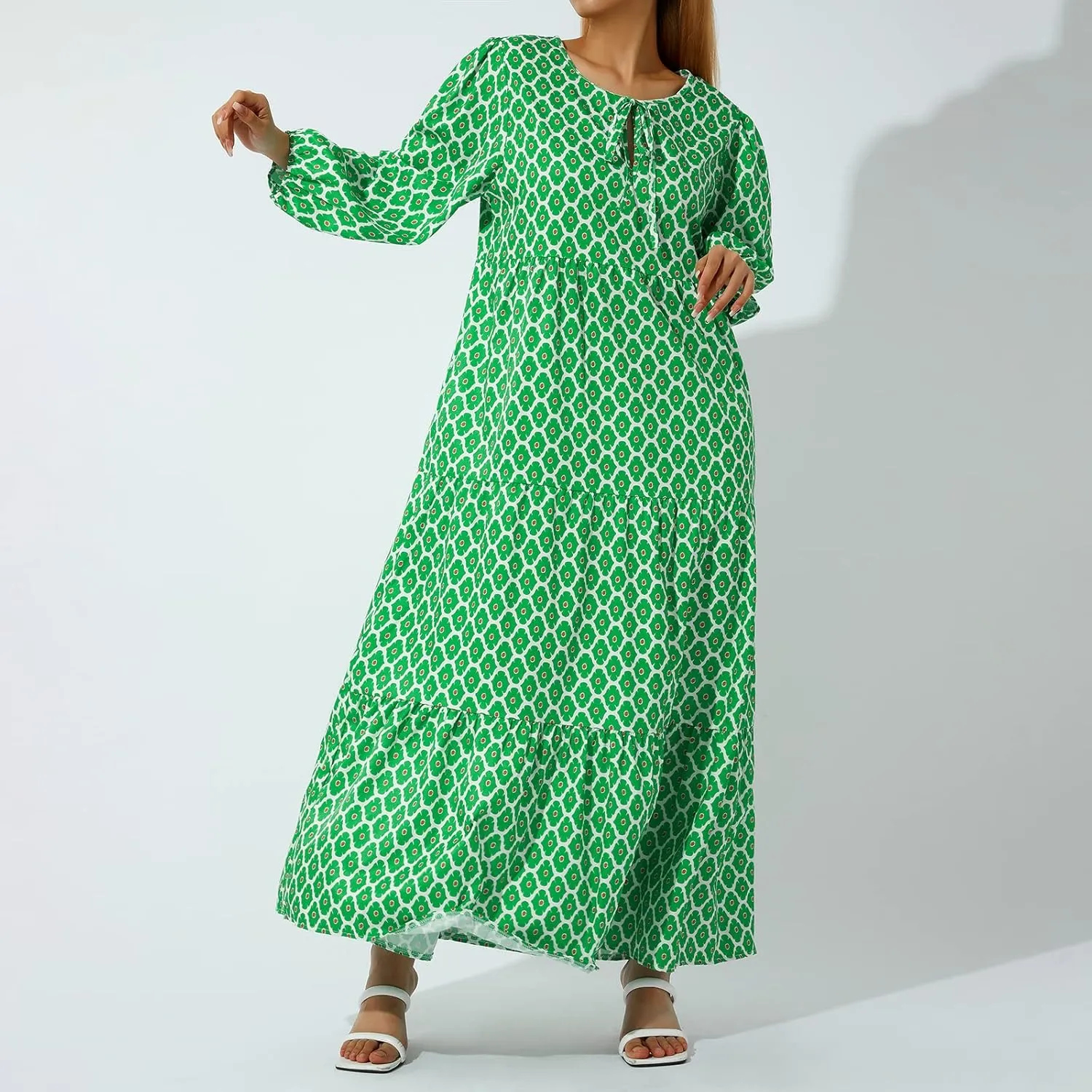 Women's Floral Puff Sleeve Maxi Dress Summer Bohemian V Neck Tiered Long Dress Casual Loose Swing Beach Sundress