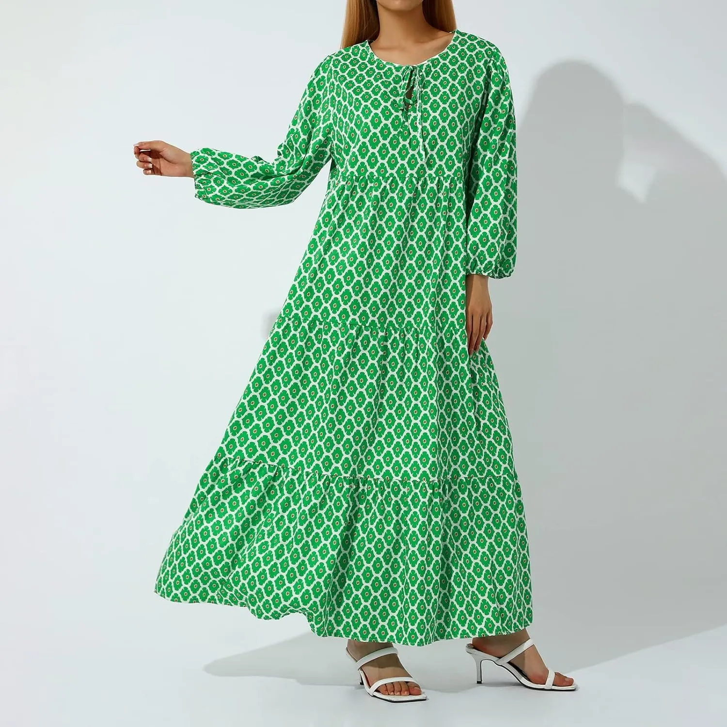 Women's Floral Puff Sleeve Maxi Dress Summer Bohemian V Neck Tiered Long Dress Casual Loose Swing Beach Sundress