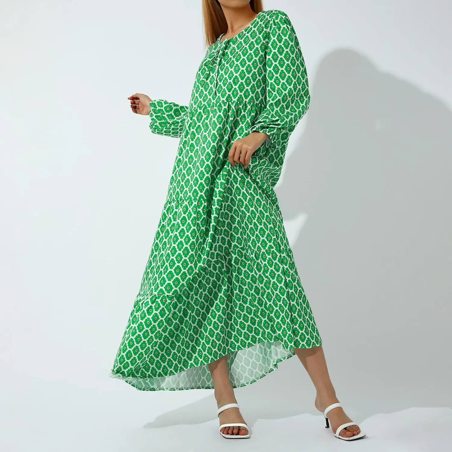 Women's Floral Puff Sleeve Maxi Dress Summer Bohemian V Neck Tiered Long Dress Casual Loose Swing Beach Sundress